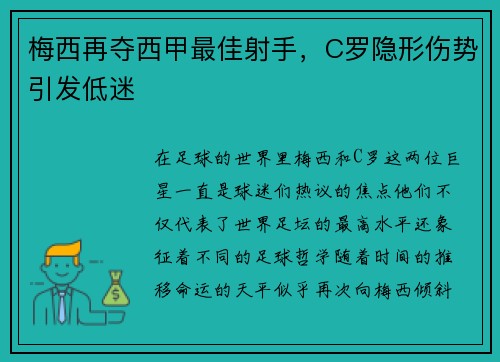 梅西再夺西甲最佳射手，C罗隐形伤势引发低迷